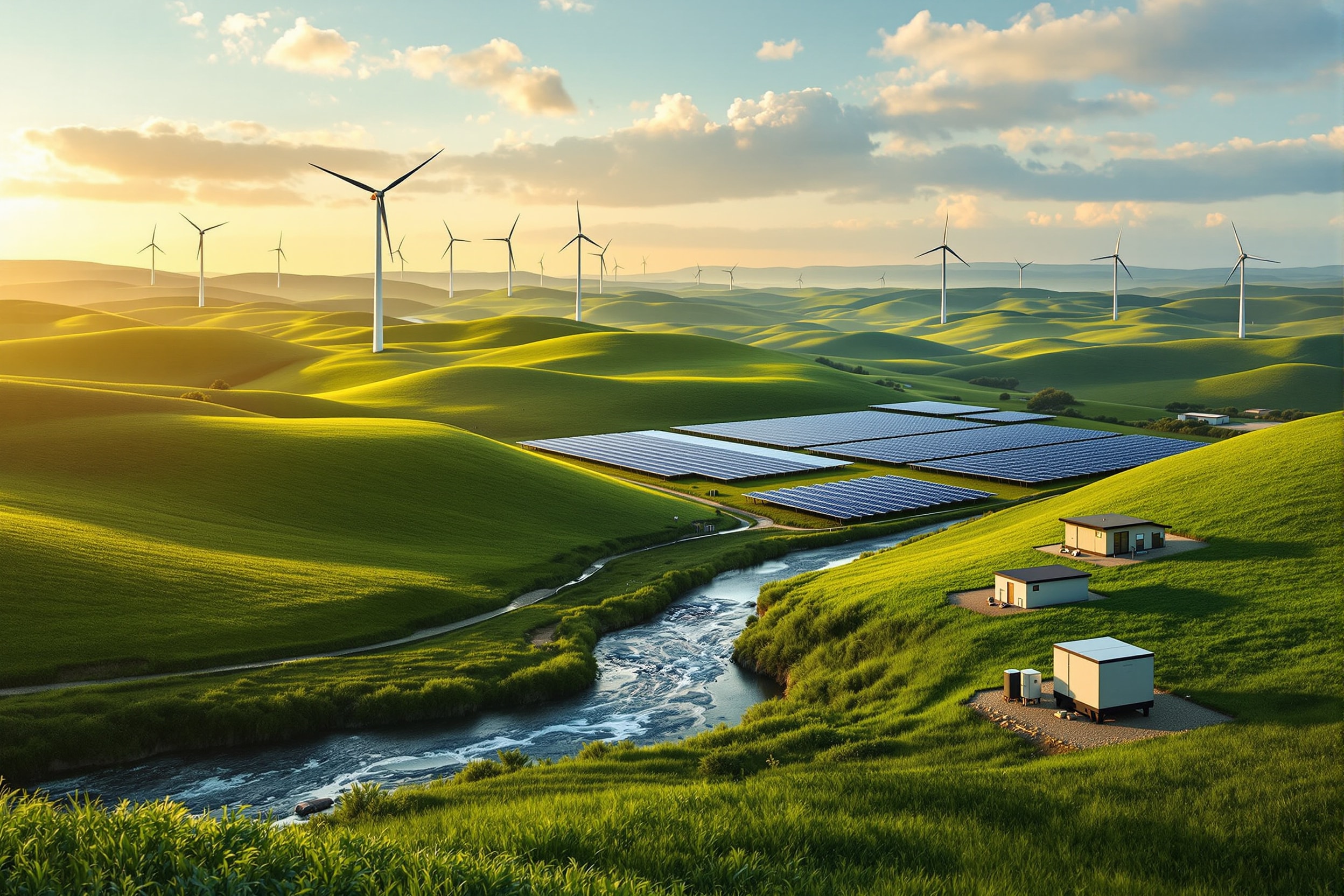 Wind turbines, solar panels, a small hydro stream and a biomass energy unit across rolling green hills