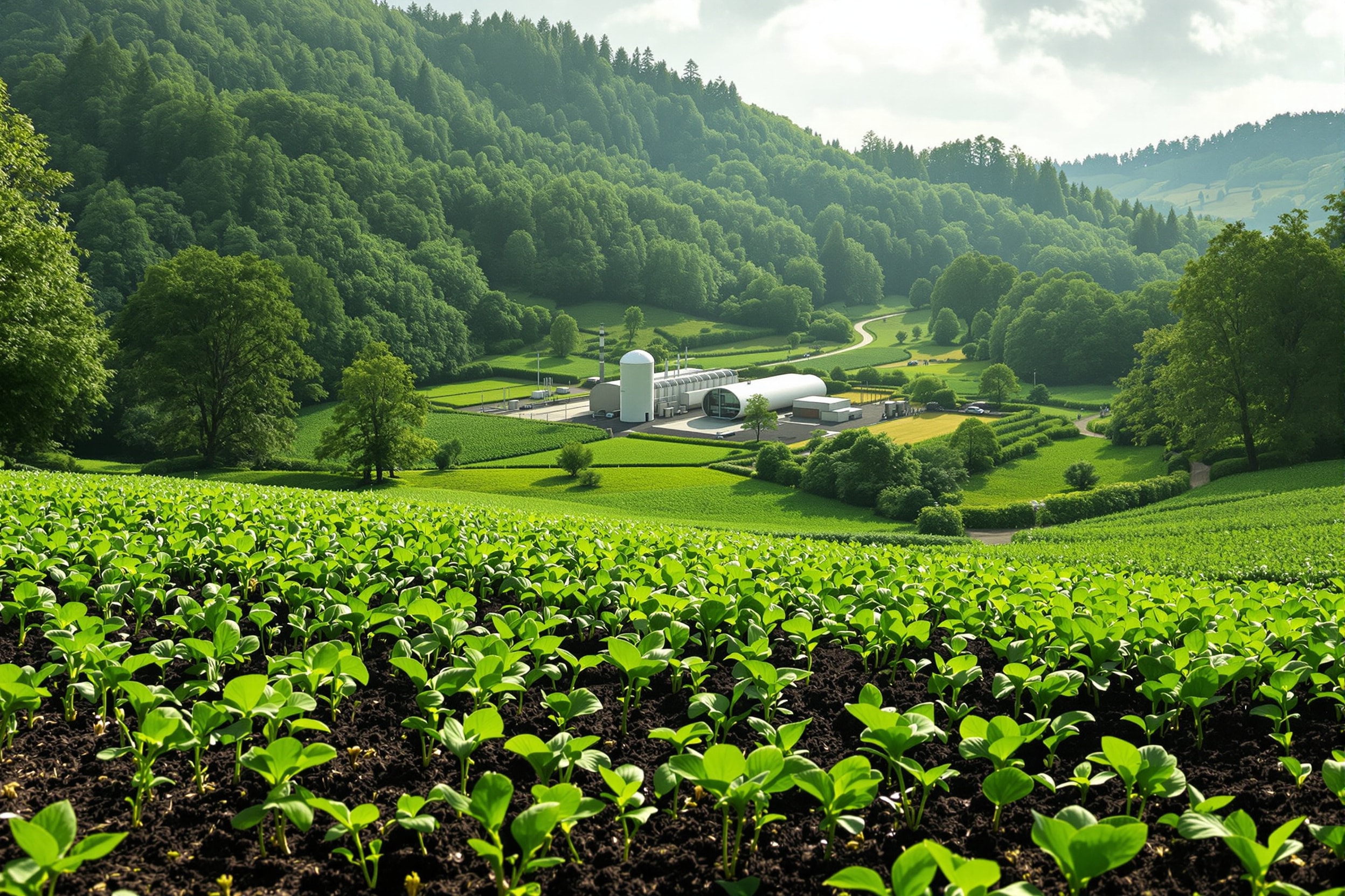 Lush forest and farmland with a modern biomass energy facility integrated into the landscape, and green sprouts in the foreground