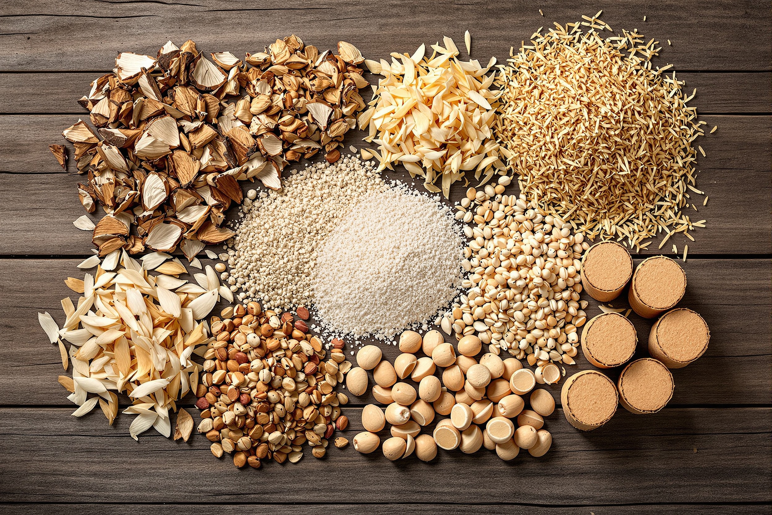 An overhead arrangement of biomass feedstocks: wood chips, coconut shells, rice husk, groundnut shells and biomass briquettes