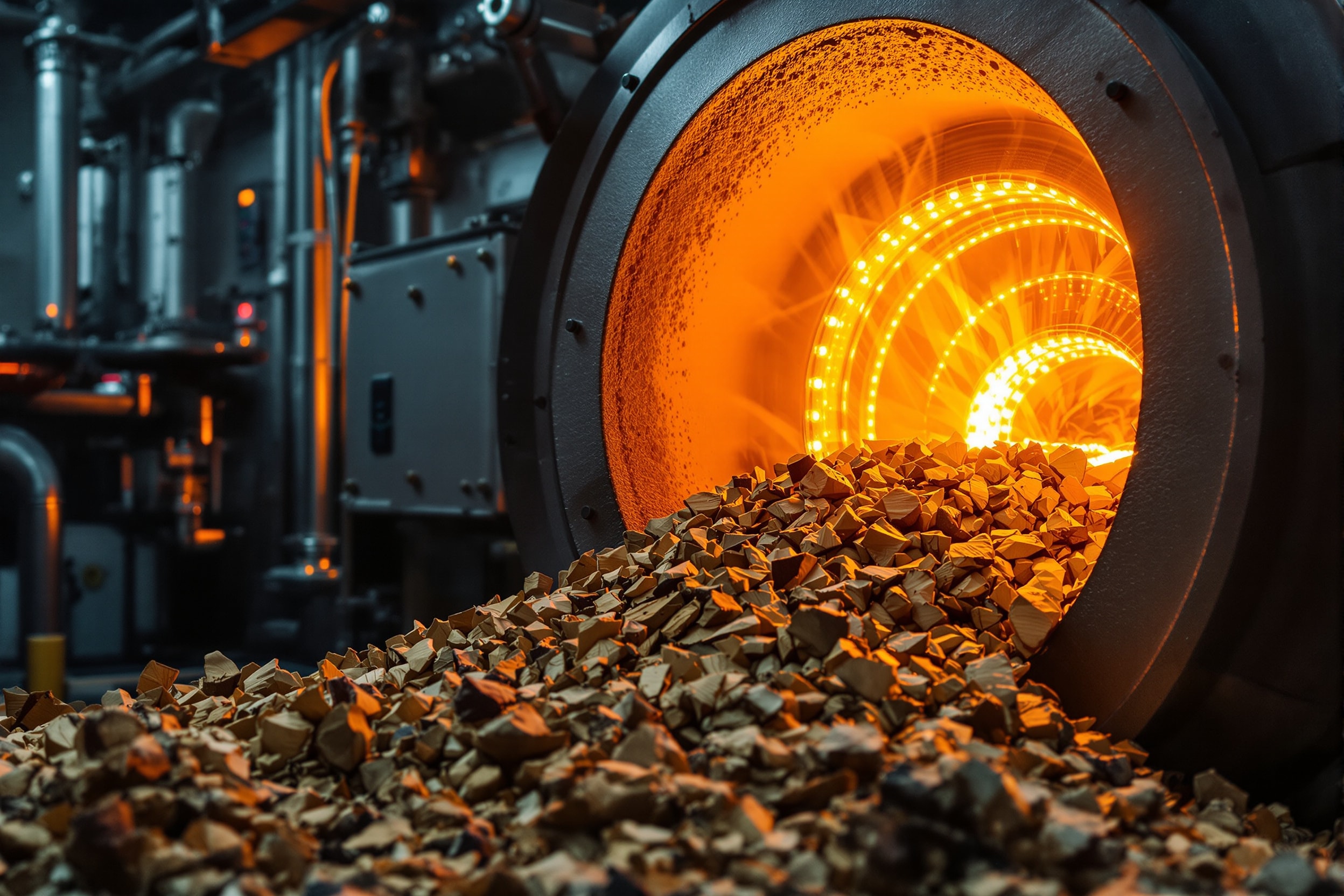 Biomass feedstock being thermochemically converted in a gasifier reactor with a warm amber glow