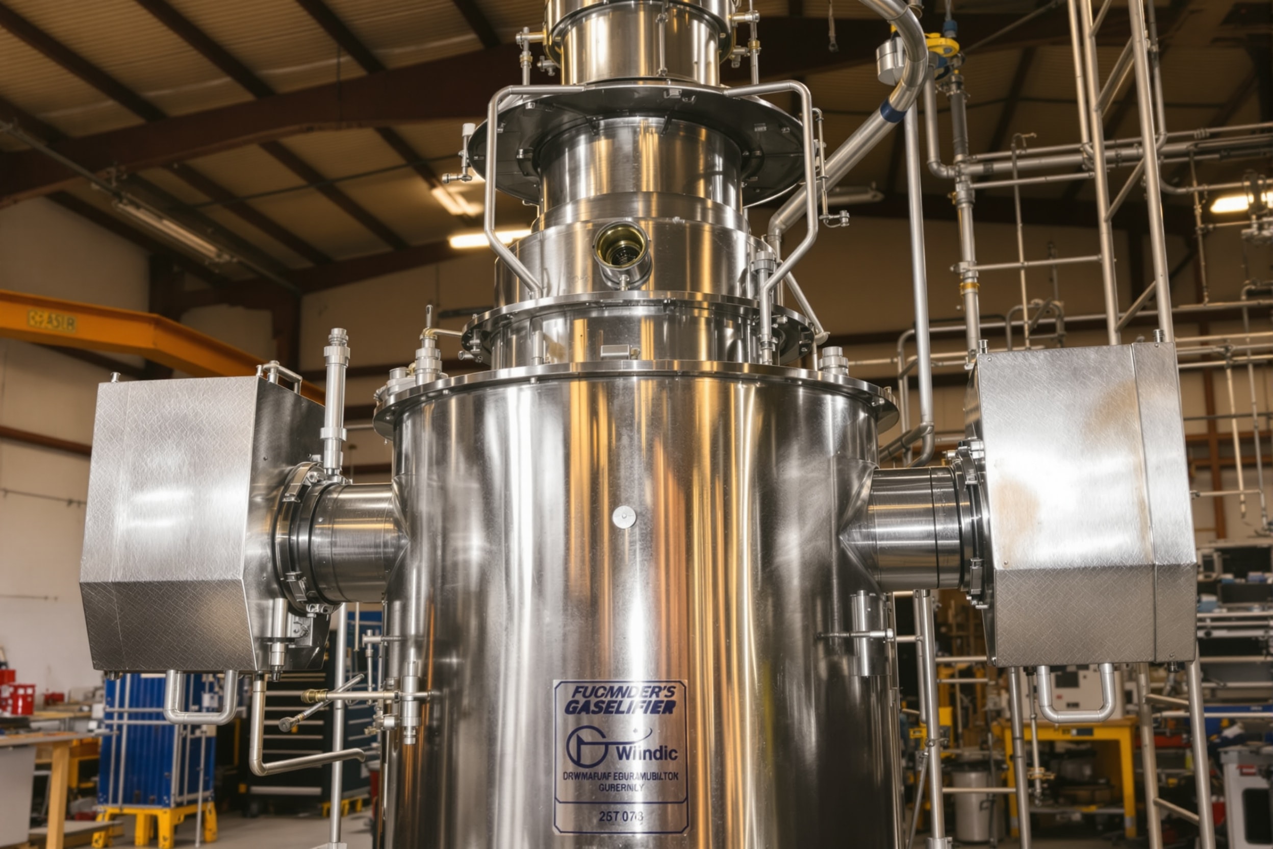 A downdraft biomass gasifier reactor with an open top and twin air inlets in an engineering workshop