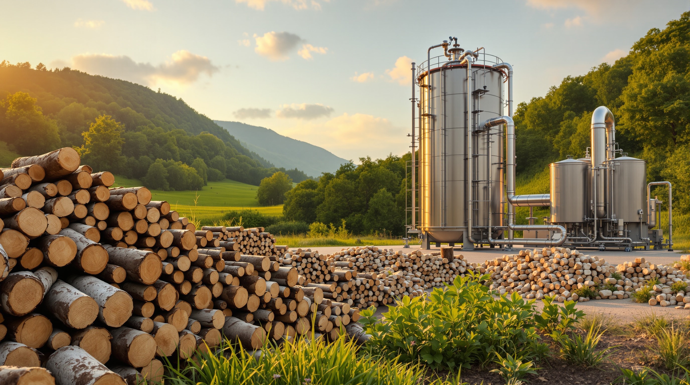 A decentralized biomass gasification power unit beside stacks of woody biomass and briquettes in a rural landscape at golden hour