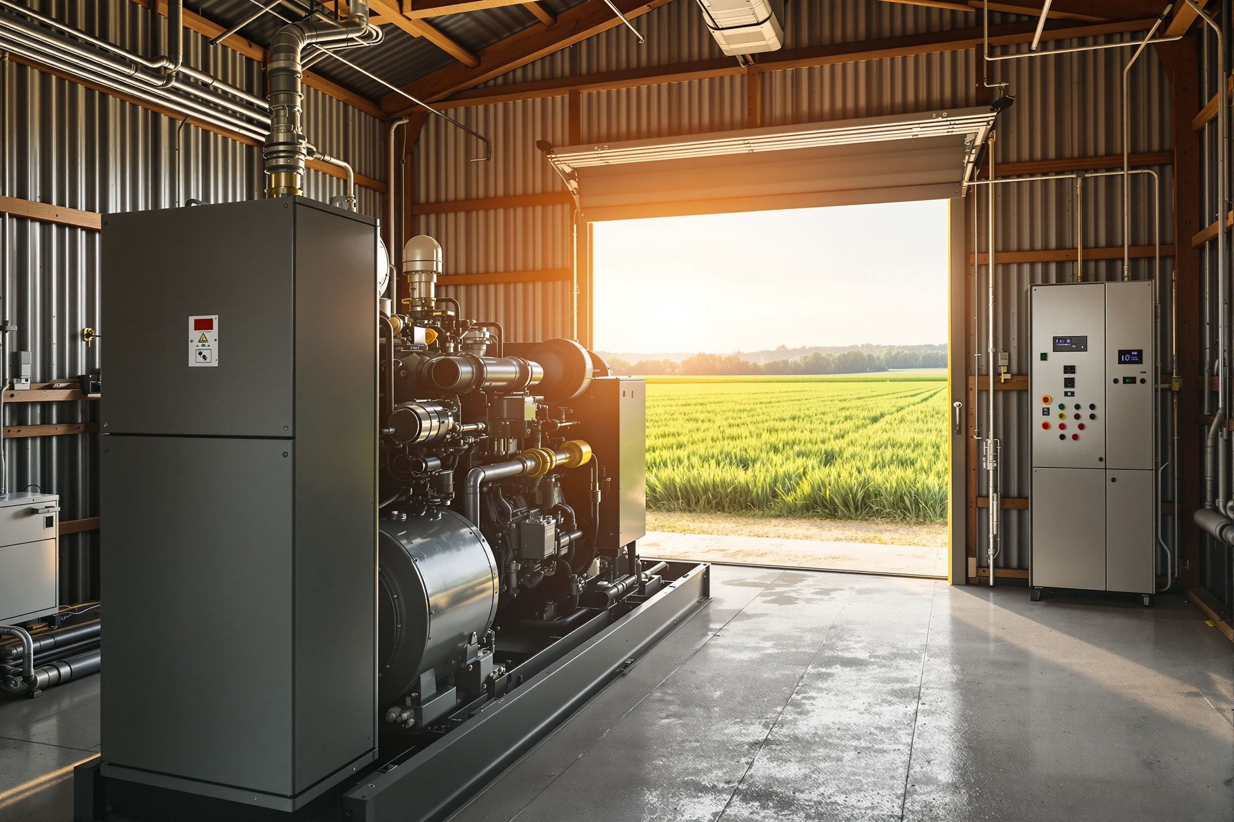 A gas engine generator set powered by biomass producer gas in a rural power house with green fields beyond
