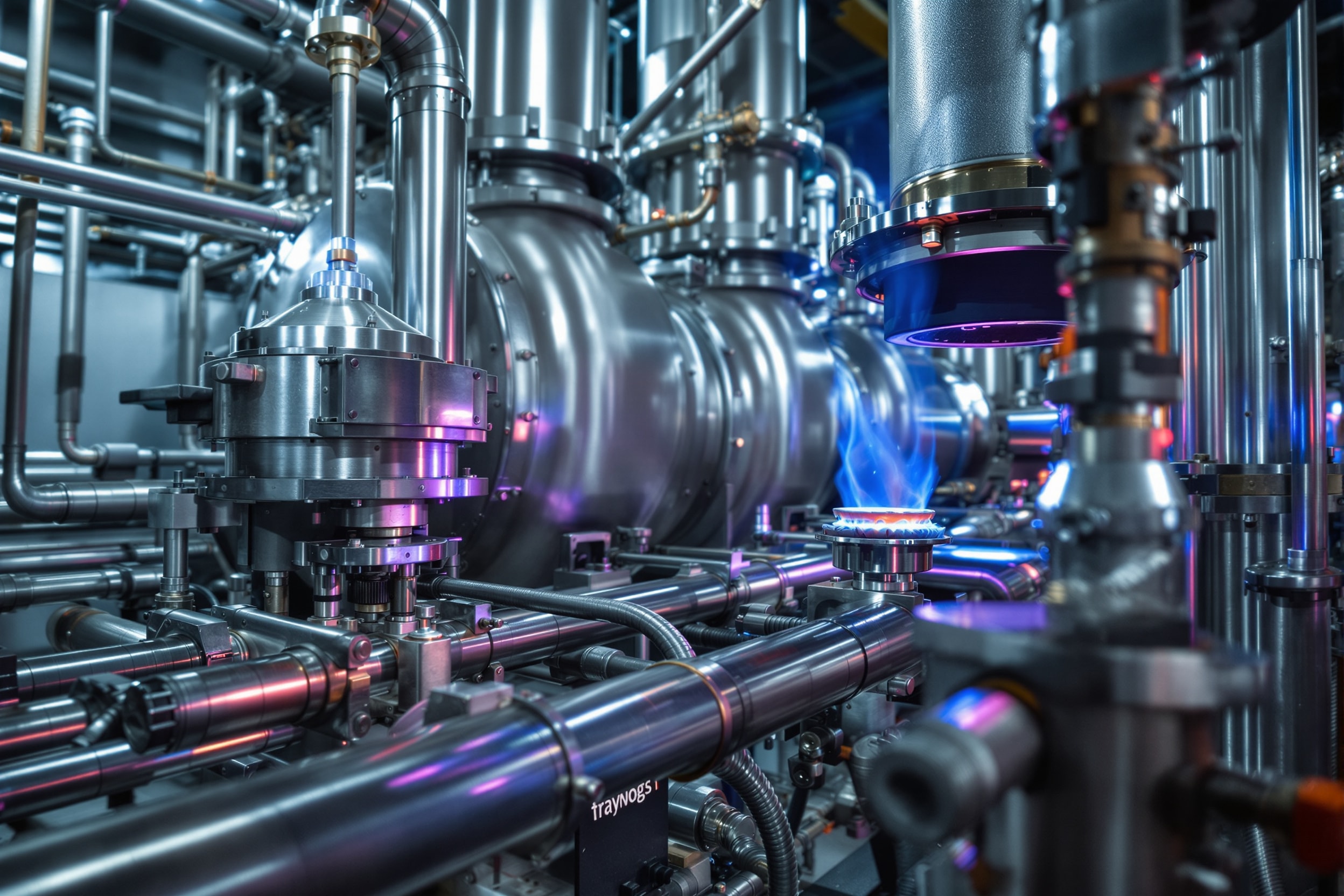 A producer gas cleaning train with cyclone separators and scrubbers, and a clean blue flame of burning wood gas