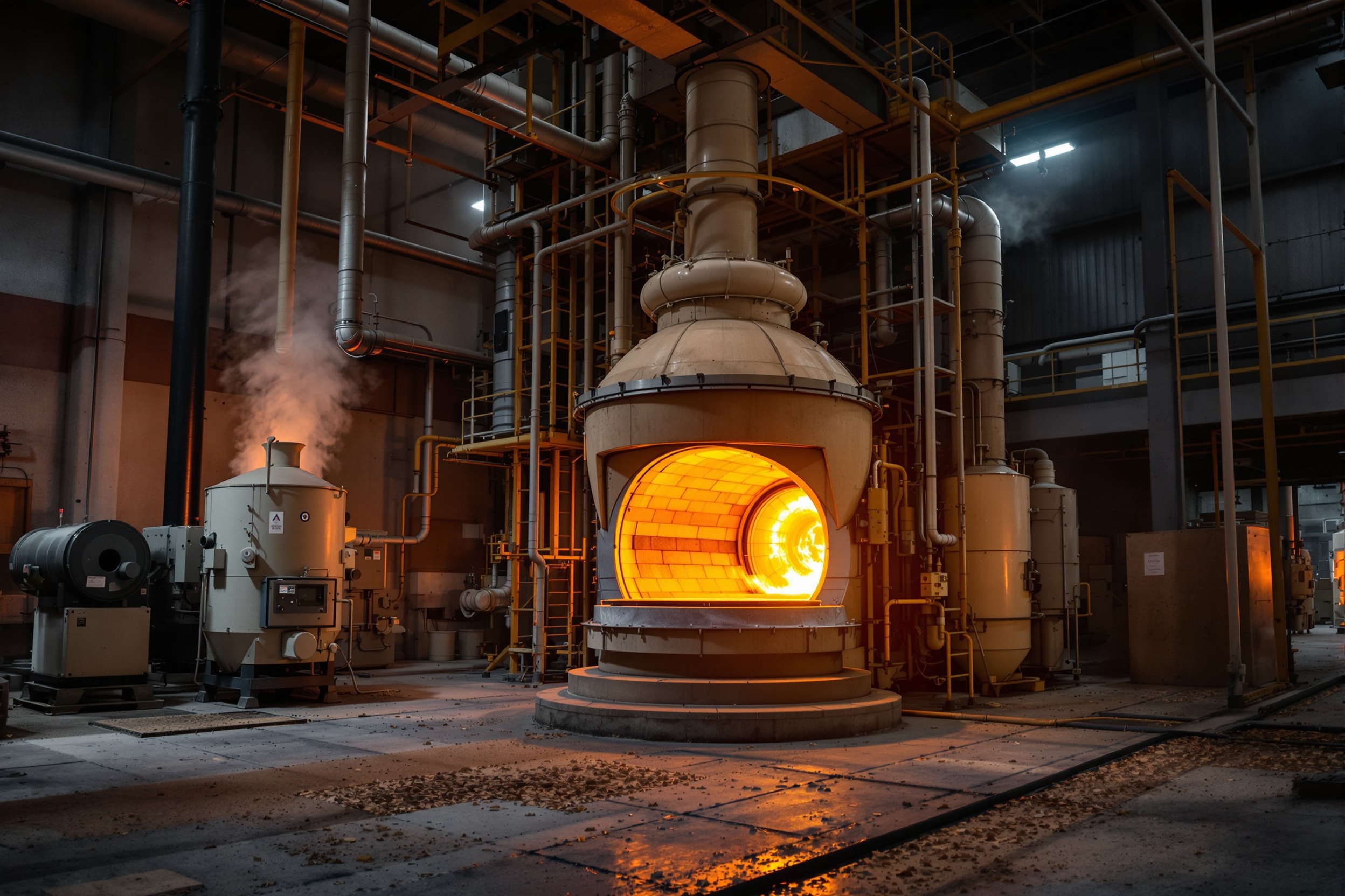 An industrial kiln fired by clean producer gas with a warm interior glow, beside a biomass drying operation