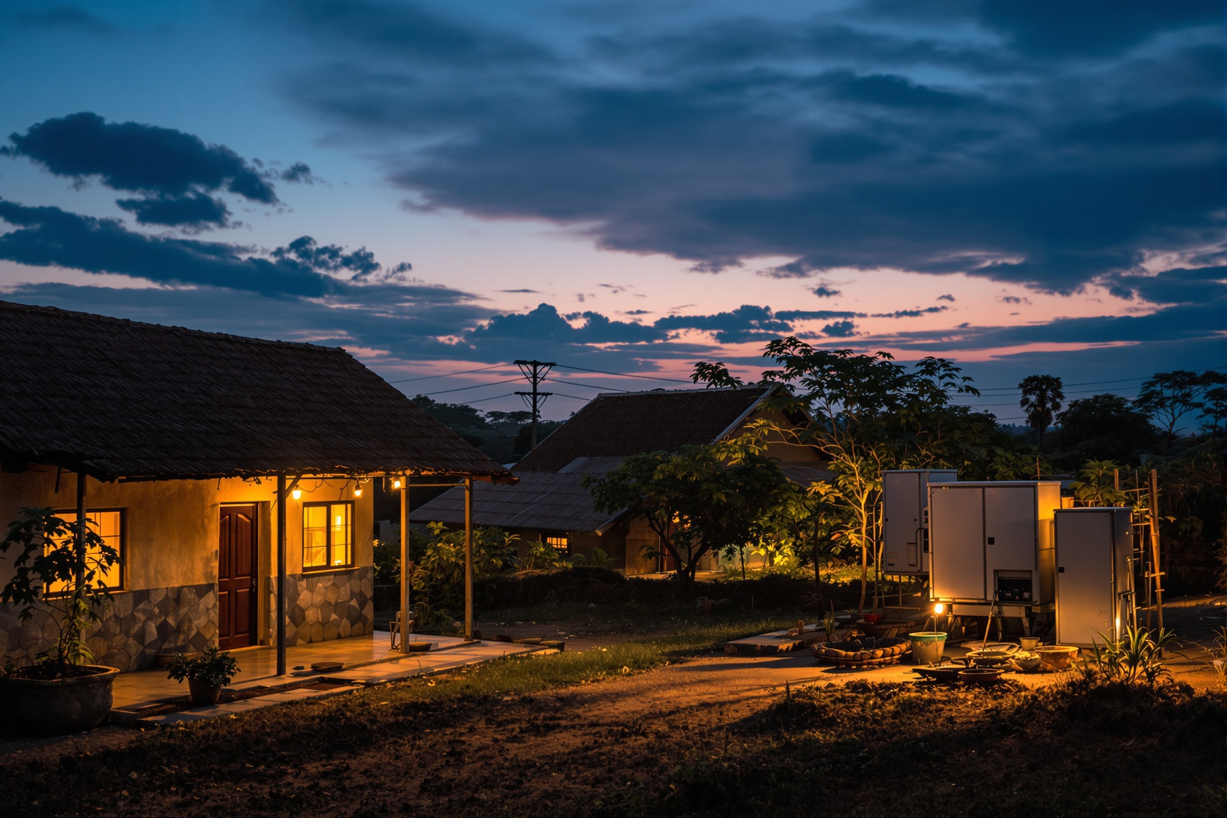 A small rural village lit at dusk by locally generated renewable power, with a biomass energy unit nearby